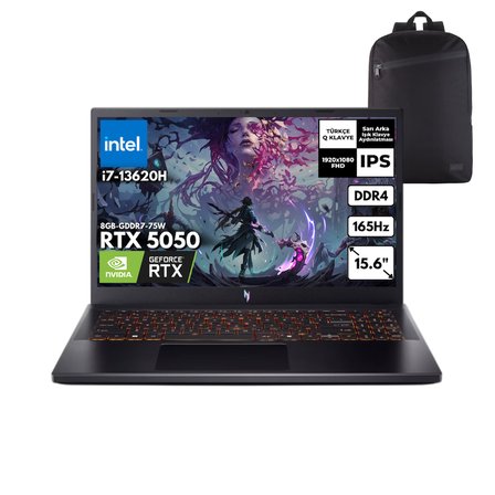 Acer Nitro V15 i7-13620H 32GB 1 TBSSD RTX5050 (8GB-GDDR7-75W) 15.6" FHD 165Hz Windows 11 Home + HMF Sırt Çantası NH.QZ7EY.005HMF25