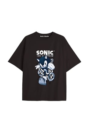 UNİSEX Bay Sonic Desenli Siyah Yazlık T-shirt