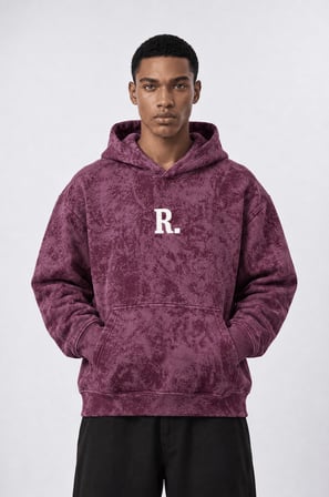 Erkek Revere Nakışlı Yıkamalı Oversize Hoodie Bordo
