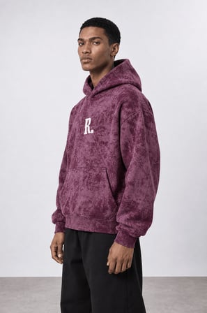 Erkek Revere Nakışlı Yıkamalı Oversize Hoodie Bordo