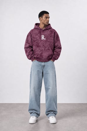 Erkek Revere Nakışlı Yıkamalı Oversize Hoodie Bordo