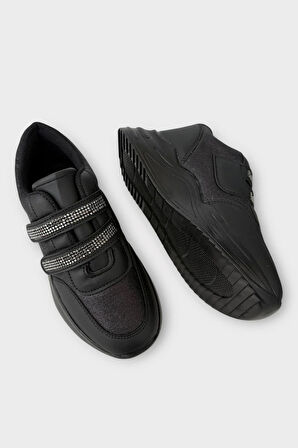 Kız Çocuk Yüksek Taban Taşlı Simli Cırtlı Spor Ayakkabı SİYAH