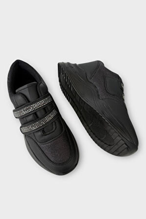 Kız Çocuk Yüksek Taban Taşlı Simli Cırtlı Spor Ayakkabı SİYAH