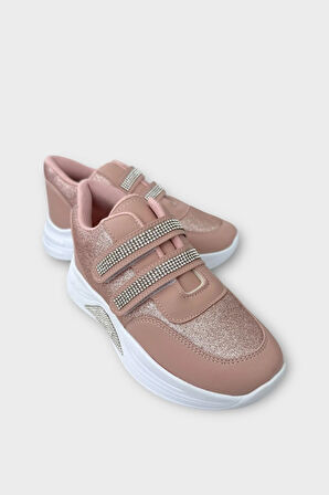 Kız Çocuk Yüksek Taban Taşlı Simli Cırtlı Spor Ayakkabı PUDRA