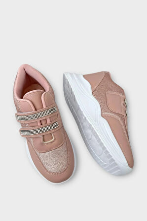 Kız Çocuk Yüksek Taban Taşlı Simli Cırtlı Spor Ayakkabı PUDRA