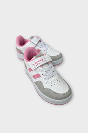 Çocuk Cırtlı Bağcıklı Comfort Spor Ayakkabı BEYAZ - PEMBE