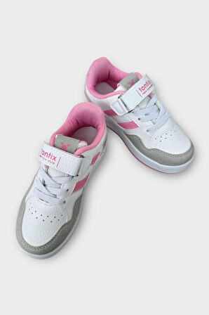 Çocuk Cırtlı Bağcıklı Comfort Spor Ayakkabı BEYAZ - PEMBE