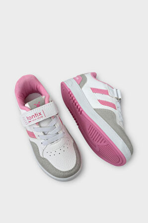 Çocuk Cırtlı Bağcıklı Comfort Spor Ayakkabı BEYAZ - PEMBE