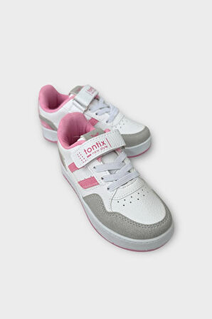 Çocuk Cırtlı Bağcıklı Comfort Spor Ayakkabı BEYAZ - PEMBE