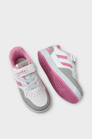 Çocuk Cırtlı Bağcıklı Comfort Spor Ayakkabı BEYAZ - PEMBE