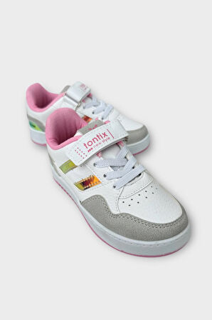 Çocuk Cırtlı Bağcıklı Comfort Spor Ayakkabı BEYAZ - GRİ