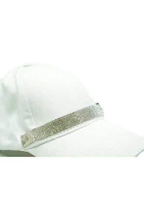 Beyaz Swarovski Taşlı Kemer Detaylı Güneş Şapkası