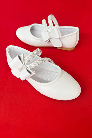 Kız Çocuk Ayakkabı Papyonlu Babet Taşlı Simli Beyaz