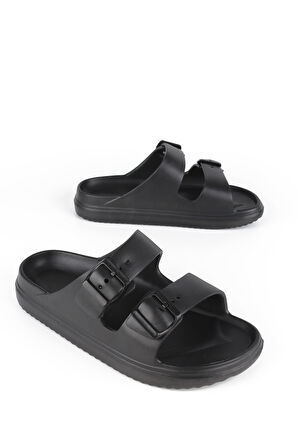 Lugmo Kaymaz Taban Ayarlanabilir Çift Tokalı Erkek Masaj Tabanlı Hafif Terlik Siyah