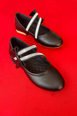 Kız Çocuk Ayakkabı Papyonlu Babet Taşlı Siyah