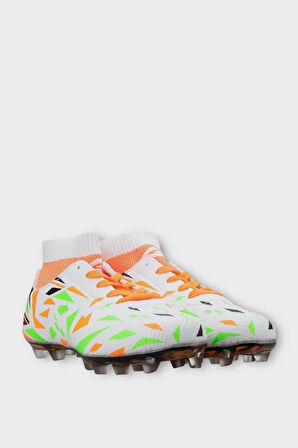 Çocuk Çoraplı Krampon Futbol Ayakkabısı BEYAZ - TURUNCU