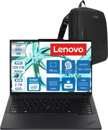 Lenovo Thinkpad T14 Gen 6 Intel Core Ultra 7 255U 128GB Ddr5 2tb SSD Freedos Intel Aı Boost 14" Wuxga (1920X1200) IPS 500NITS 100% Srgb Taşınabilir Bilgisayar 21QC00CKTXF44 + Zetta Çanta