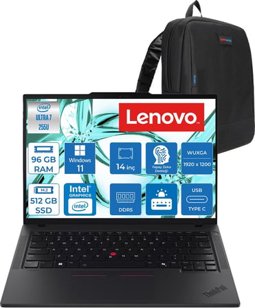 Lenovo Thinkpad T14 Gen 6 Intel Core Ultra 7 255U 96GB Ddr5 512GB SSD Windows 11 Pro Intel Aı Boost 14" Wuxga (1920X1200) IPS 500NITS 100% Srgb Taşınabilir Bilgisayar 21QC00CKTXP37 + Zetta Çanta