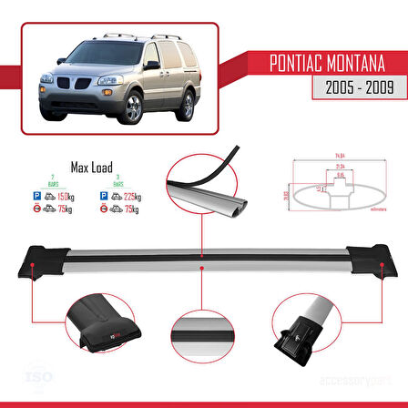 Pontiac Montana 2005-2009 Arası ile Uyumlu FLY Model Ara Atkı Tavan Barı Gri 2 Adet