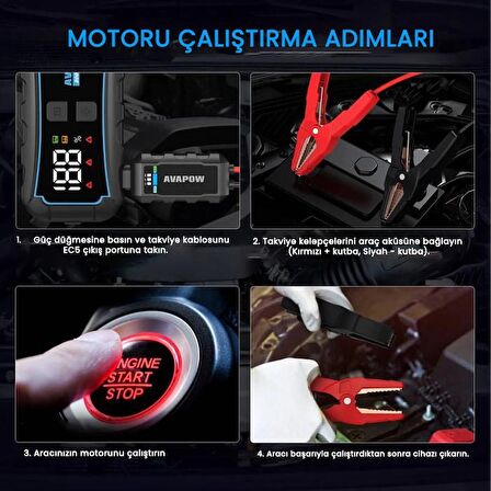 Avapow E5 Pro 12000mAh 2000A Jump Starter Taşınabilir Akü Takviye Kiti (Powerbank + LCD + LED Işık)  