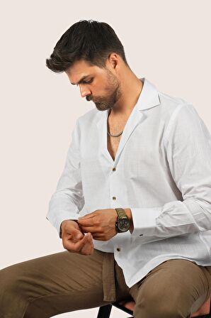 Beyaz Keten Apaj Yaka Relax Fit Erkek Gömlek