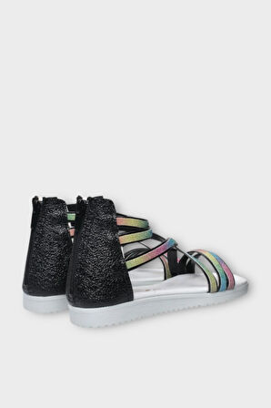 Kız Çocuk Fermuarlı Kaydırmaz Taban Bilekli Sandalet SİYAH