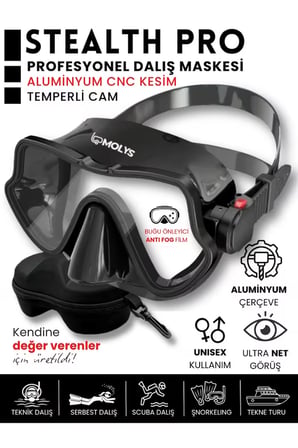 MOLYS STEALTH PRO ALÜMİNYUM DALIŞ MASKESİ + ANTI FOG (BUĞU ÖNLEYİCİ FİLM) + EVA KORUYUCU TAŞIMA KUTUSU