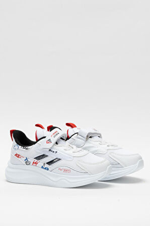 Çocuk Cırtlı Akıllı Bağcık Spor Ayakkabı BEYAZ - SİYAH