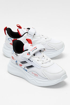 Çocuk Cırtlı Akıllı Bağcık Spor Ayakkabı BEYAZ - SİYAH