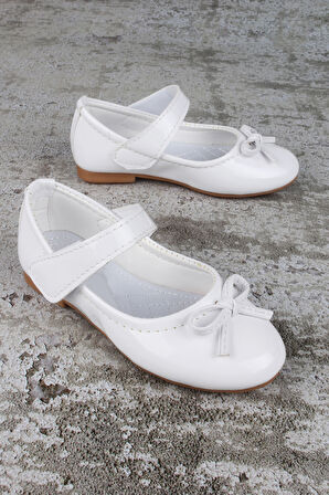 Kız Çocuk Ayakkabı lastikli Fiyonklu Babet Beyaz