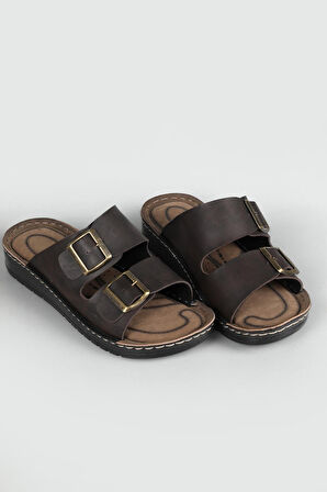 Lugmo Suni Deri Eva Terlik Dikişli Metal Çift Tokalı Erkek Konfort Hafif Kaymaz Taban Kahverengi