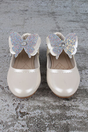 Kız Çocuk Ayakkabı Cırtlı Kelebek Taşlı Babet Sedef