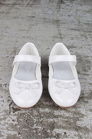 Kız Çocuk Ayakkabı lastikli Fiyonklu Babet Beyaz