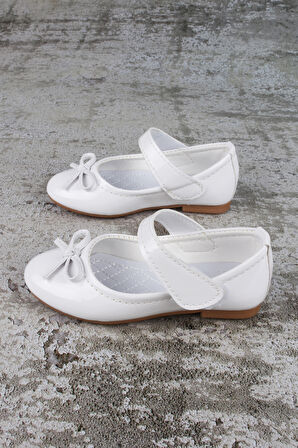 Kız Çocuk Ayakkabı lastikli Fiyonklu Babet Beyaz