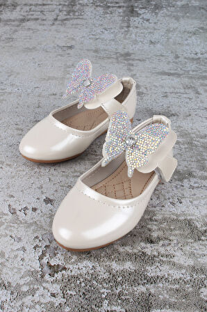 Kız Çocuk Ayakkabı Cırtlı Kelebek Taşlı Babet Sedef