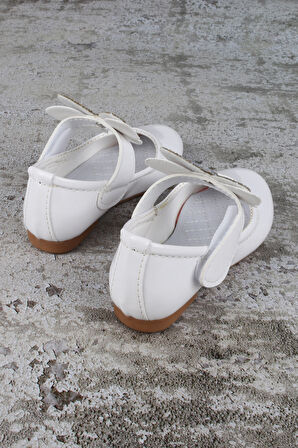 Kız Çocuk Ayakkabı Cırtlı Kelebek Taşlı Babet Beyaz