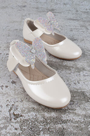 Kız Çocuk Ayakkabı Cırtlı Kelebek Taşlı Babet Sedef