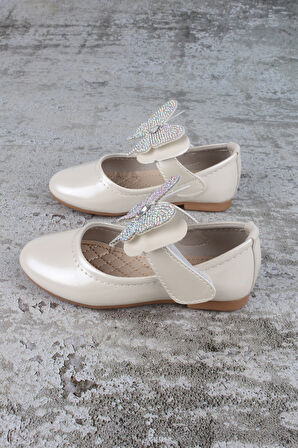 Kız Çocuk Ayakkabı Cırtlı Kelebek Taşlı Babet Sedef