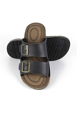 Lugmo Suni Deri Eva Terlik Dikişli Metal Çift Tokalı Erkek Konfort Hafif Kaymaz Siyah