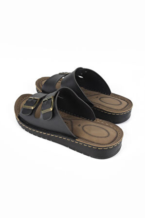 Lugmo Suni Deri Eva Terlik Dikişli Metal Çift Tokalı Erkek Konfort Hafif Kaymaz Siyah