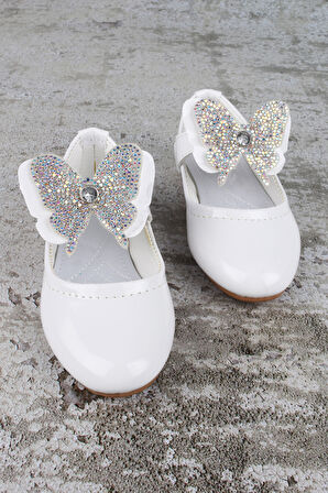 Kız Çocuk Ayakkabı Cırtlı Kelebek Taşlı Babet Beyaz