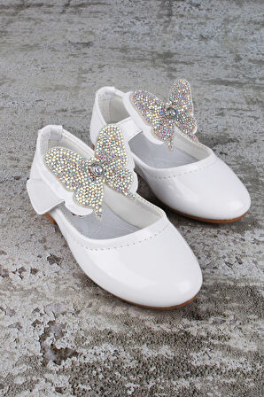 Kız Çocuk Ayakkabı Cırtlı Kelebek Taşlı Babet Beyaz