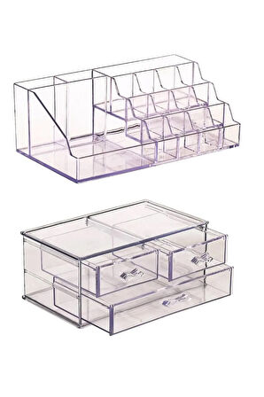 2 Katlı 3 Çekmeceli Makyaj Organizeri - 16 Bölmeli Takı Kozmetik Düzenleyici Akrilik Set