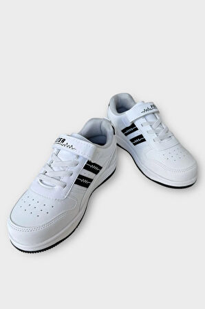 Çocuk Bağcıklı Cırtlı Çocuk Spor Ayakkabı BEYAZ - SİYAH