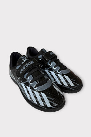 Çocuk Cırtlı Bantlı Bağcıklı Krampon Futbol Halı Saha Ayakkabısı SİYAH