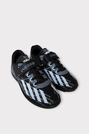 Çocuk Cırtlı Bantlı Bağcıklı Krampon Futbol Halı Saha Ayakkabısı SİYAH - BEYAZ