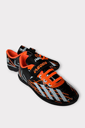 Çocuk Cırtlı Bantlı Bağcıklı Krampon Futbol Halı Saha Ayakkabısı SİYAH TURUNCU