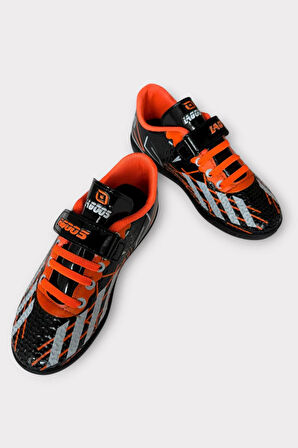 Çocuk Cırtlı Bantlı Bağcıklı Krampon Futbol Halı Saha Ayakkabısı SİYAH TURUNCU