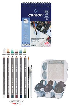 Canson Eskiz Defteri Cretacolor 6'lı Aquarell Sulandırılabilir Fırçalı Eskiz Dereceli Çizim Seti