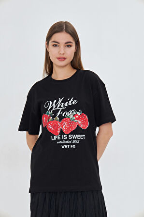 White Fox  Life  Is Sweat Baskılı Bisiklet Yaka T-shirt Kadın